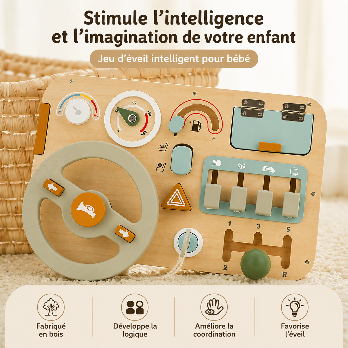 Montessori Wooden Driving Simulator – Educational Steering Wheel