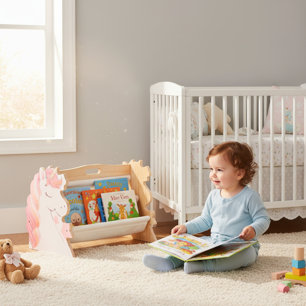 Petit Éveil Montessori bibliothèque enfant en bois à deux niveaux avec motif licorne dans une chambre de bébé