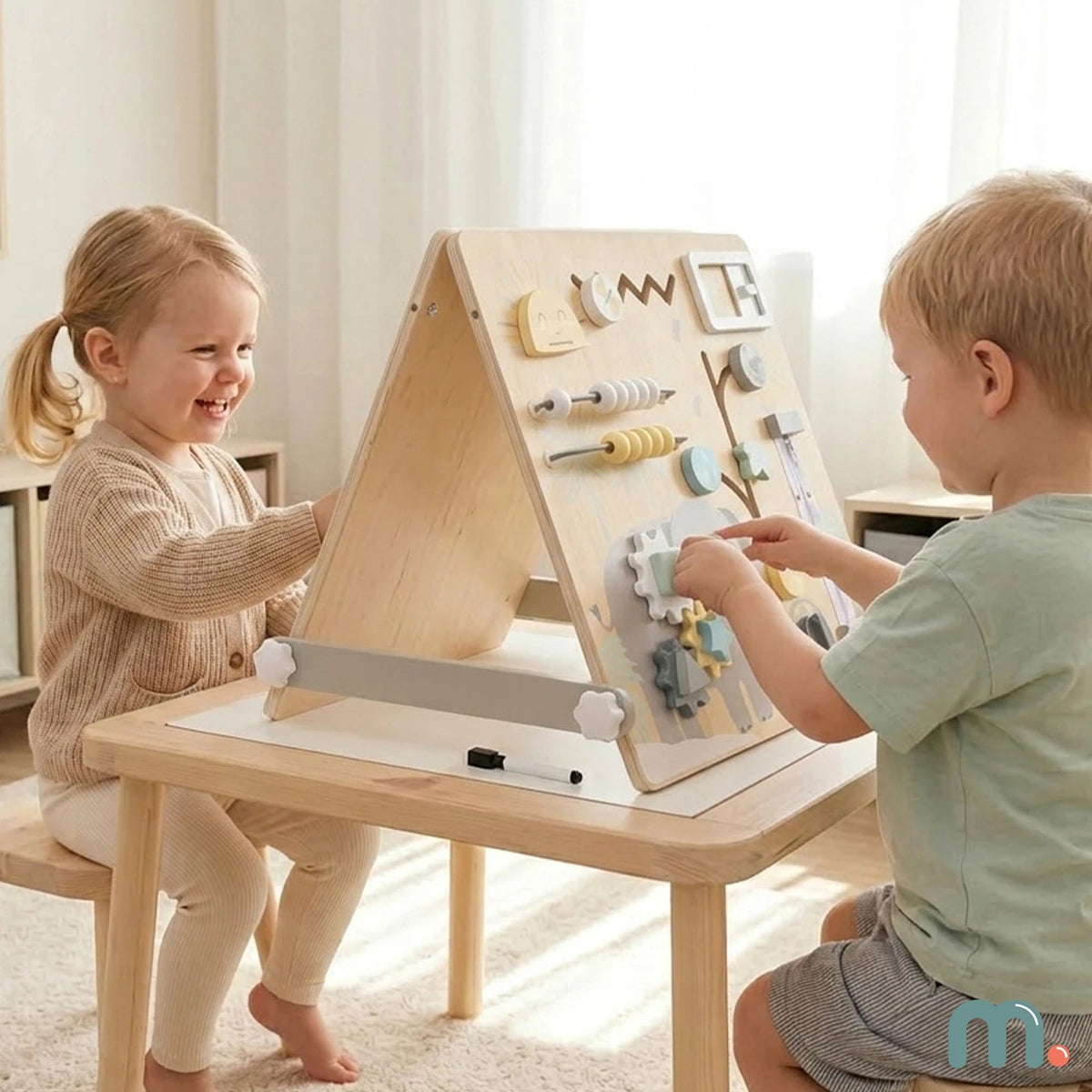 Deux enfants jouent avec un Busy Board Montessori en bois Petit Éveil Montessori sur une table dans une chambre claire