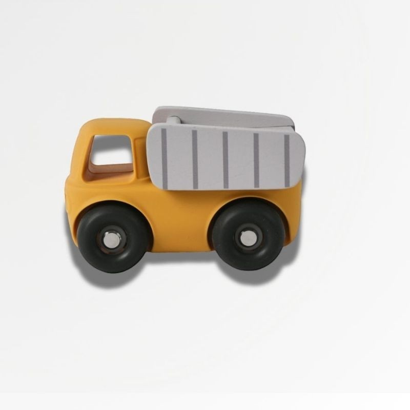 Camionnette jaune en bois Petit Éveil Montessori, jouet éducatif pour bébé, roues noires, benne grise.