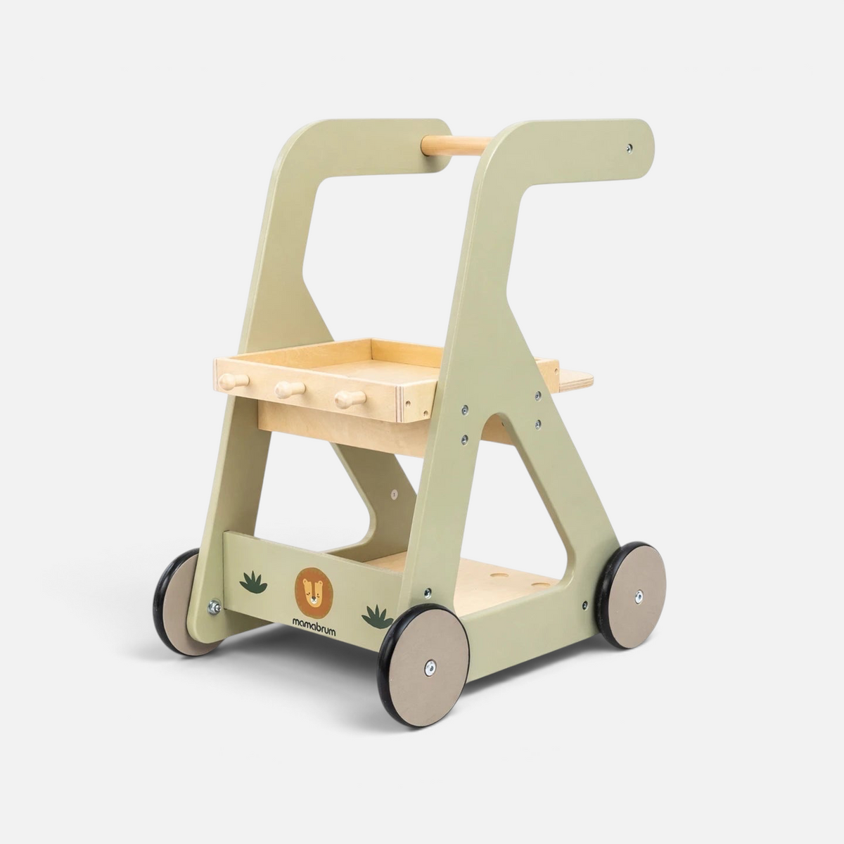 Chariot de ménage Montessori Petit Éveil Montessori en bois vert sauge avec roues antidérapantes et étagères