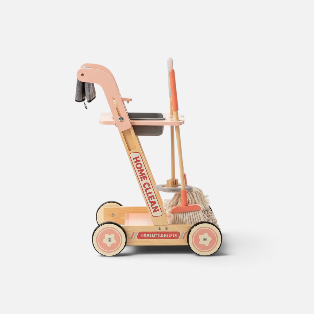 Chariot de ménage en bois Petit Éveil Montessori avec accessoires de nettoyage, vue latérale sur roulettes.