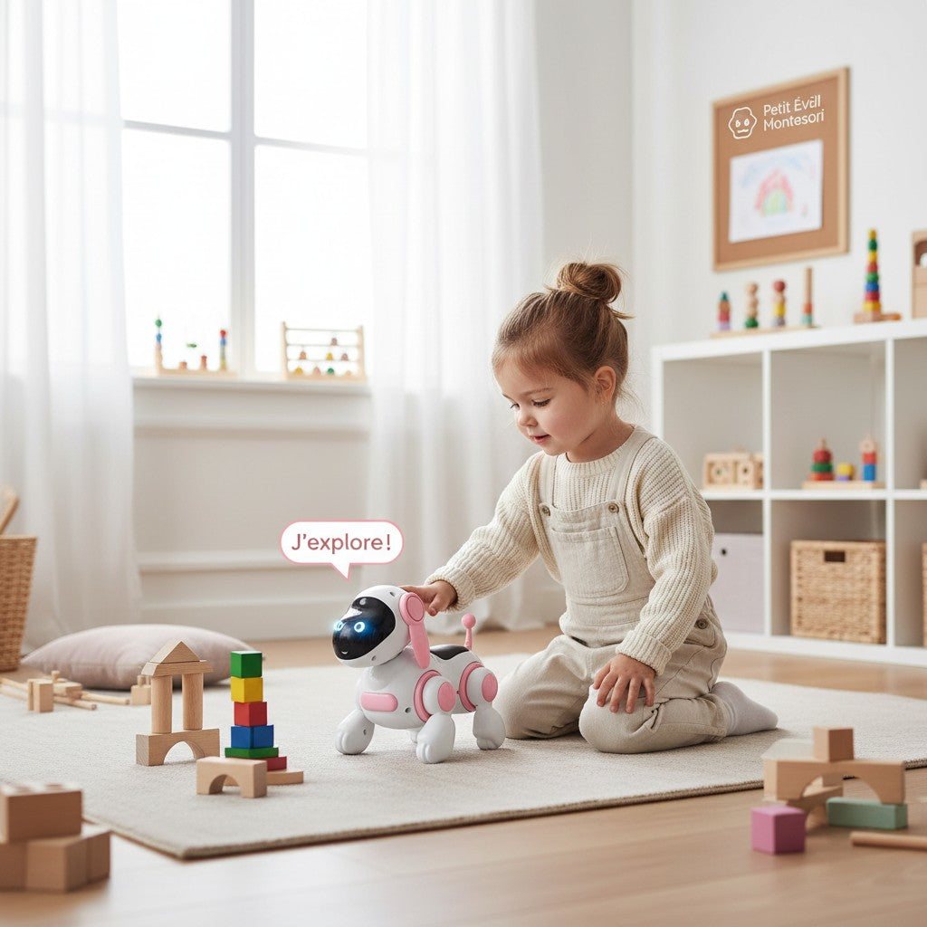Petit Éveil Montessori chien robot interactif blanc et rose, jouet éducatif pour enfants, stimule la curiosité et l'apprentissage.
