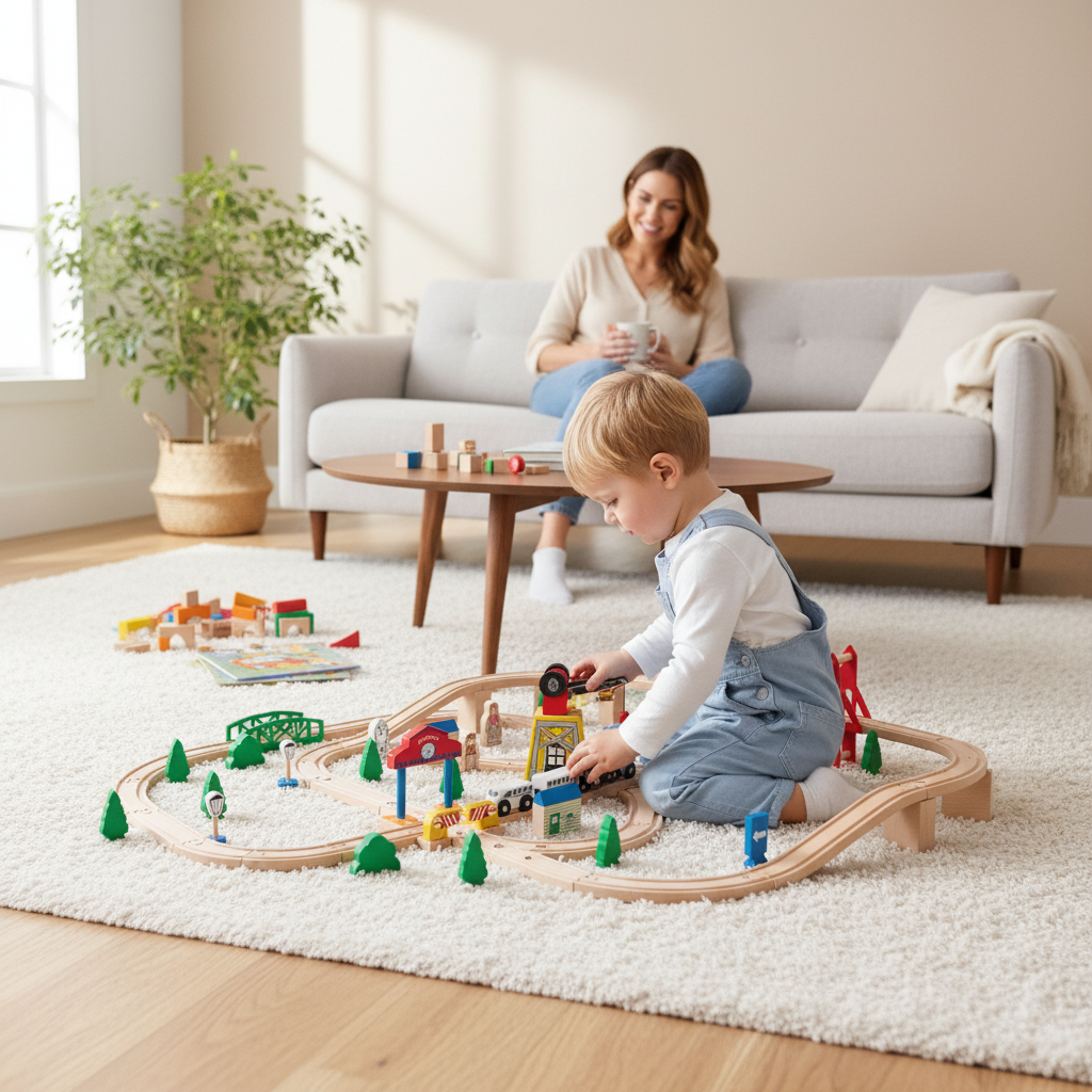 Petit Éveil Montessori circuit de train en bois XXL avec rails, ponts et accessoires dans un salon lumineux