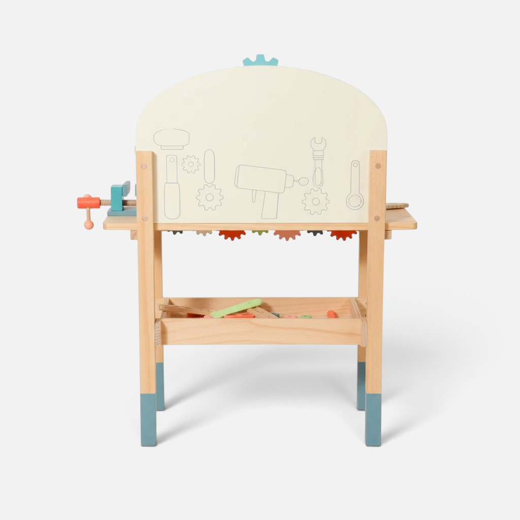 Établi de bricolage en bois Petit Éveil Montessori avec outils, engrenages et étagère pour enfant