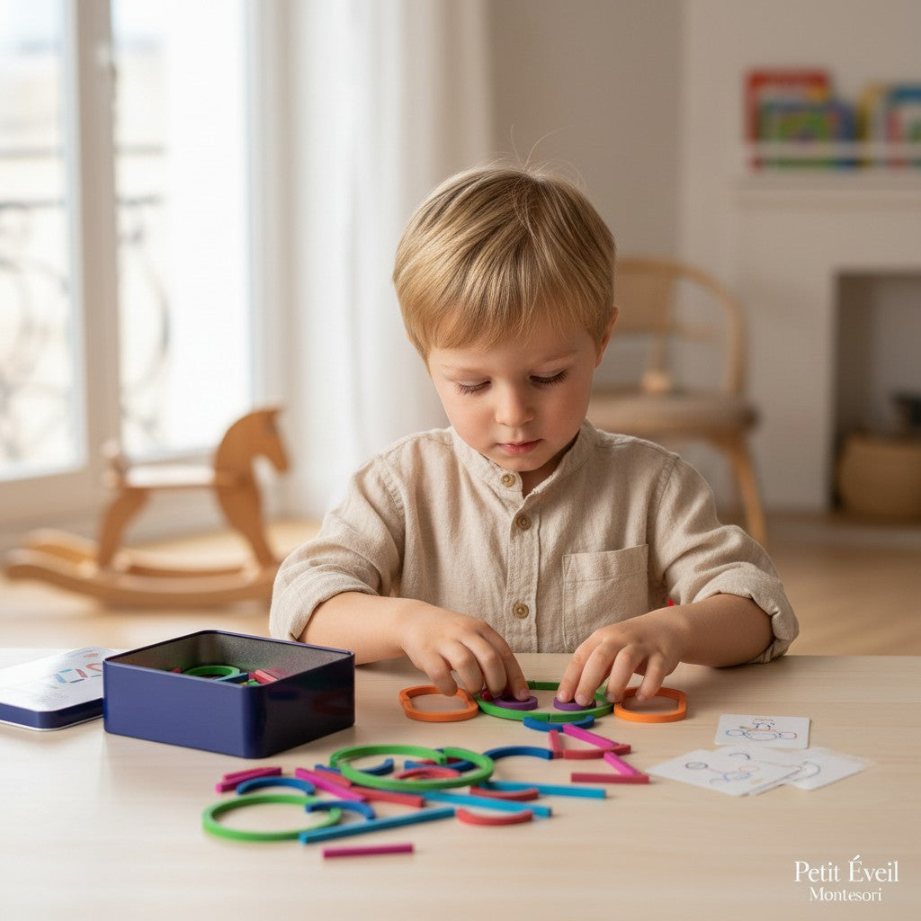 Petit Éveil Montessori : jeune garçon jouant avec un jeu de construction en bois coloré, anneaux et bâtonnets