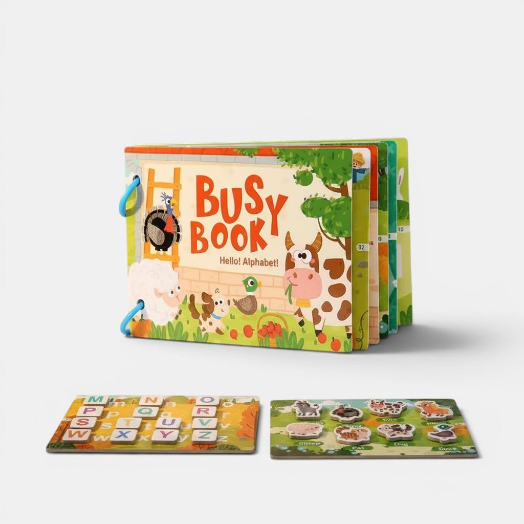 Livre d'activités Montessori Petit Éveil Montessori avec des animaux de ferme et l'alphabet.