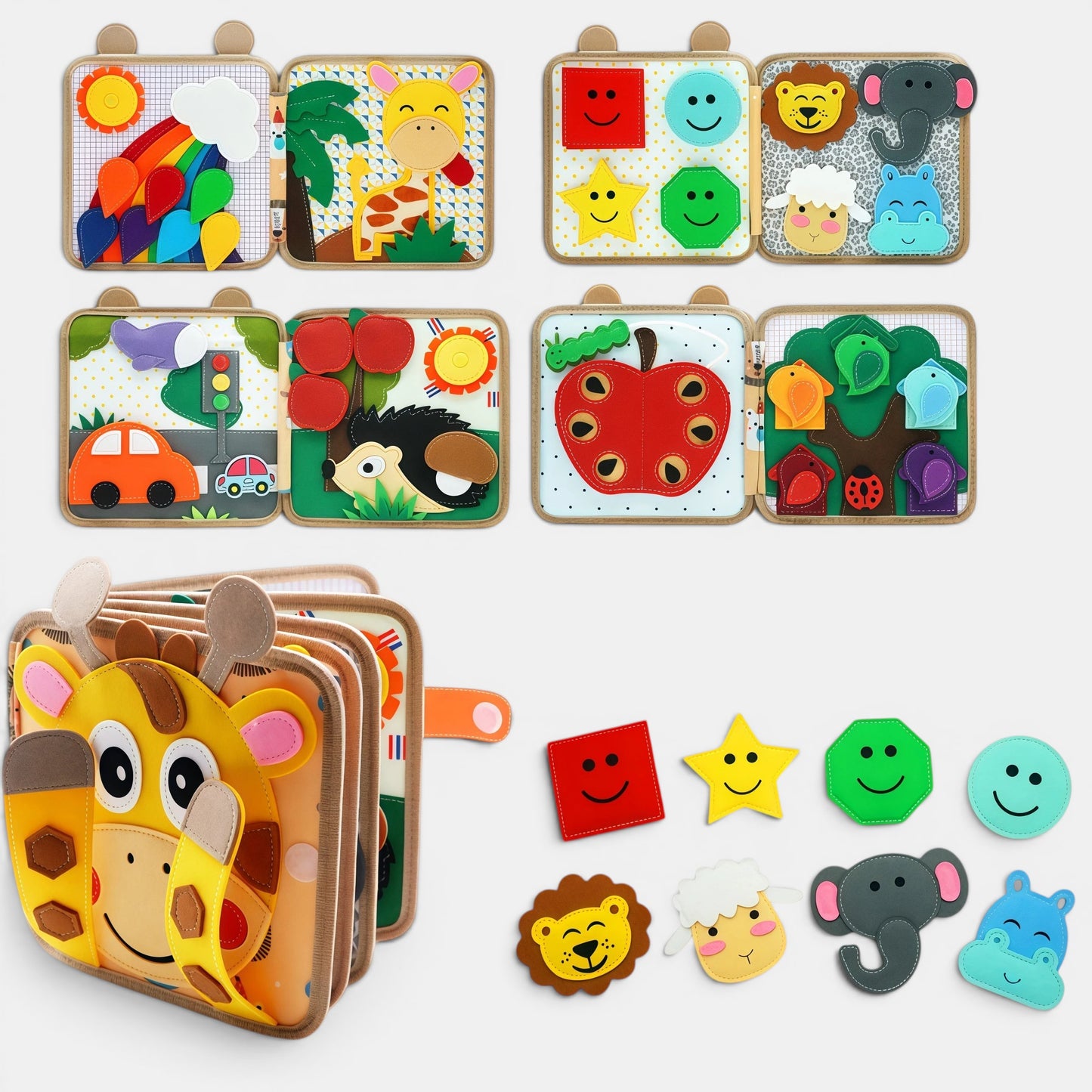 Livre sensoriel Montessori Petit Éveil Montessori avec des animaux, des formes et des couleurs vives pour l'éveil des tout-petits.