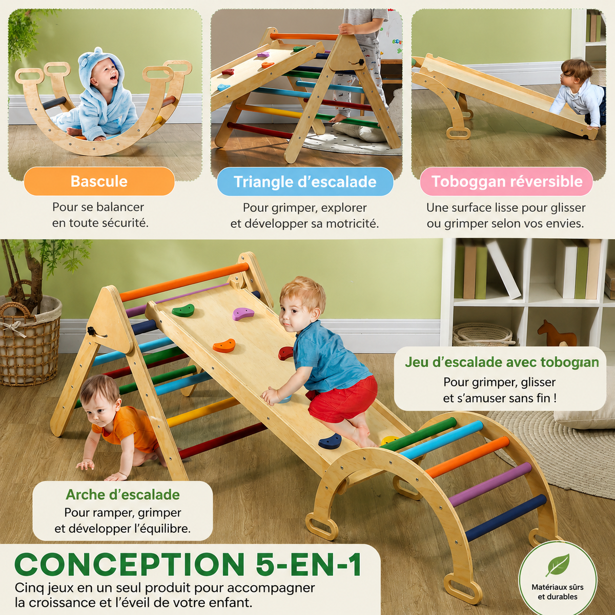Parcours de motricité 5-en-1 Petit Éveil Montessori en bois avec triangle, arche, toboggan et rampe d'escalade