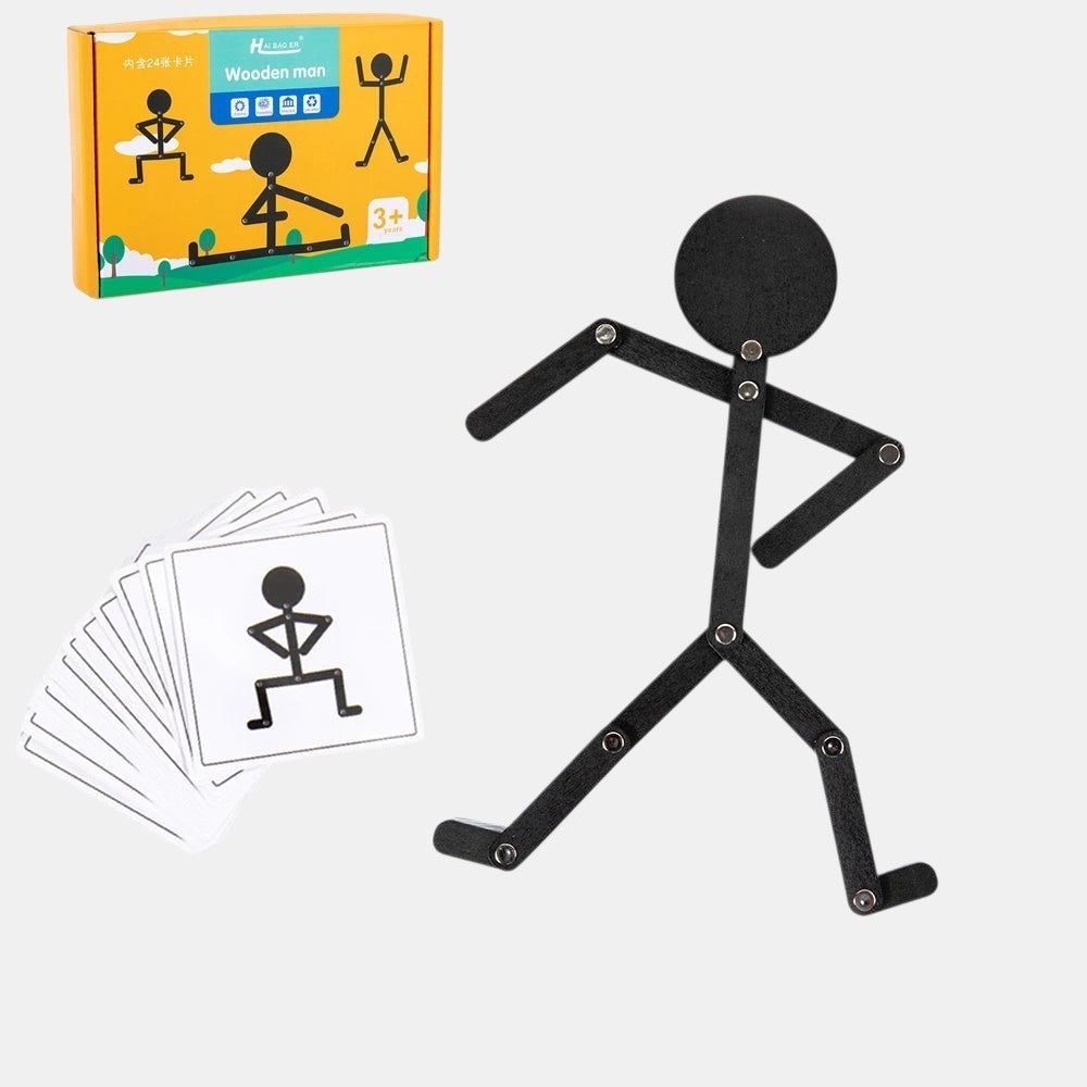 Petit Éveil Montessori, puzzle en bois articulé en forme de bonhomme, avec cartes modèles pour développer la créativité et la motricité.