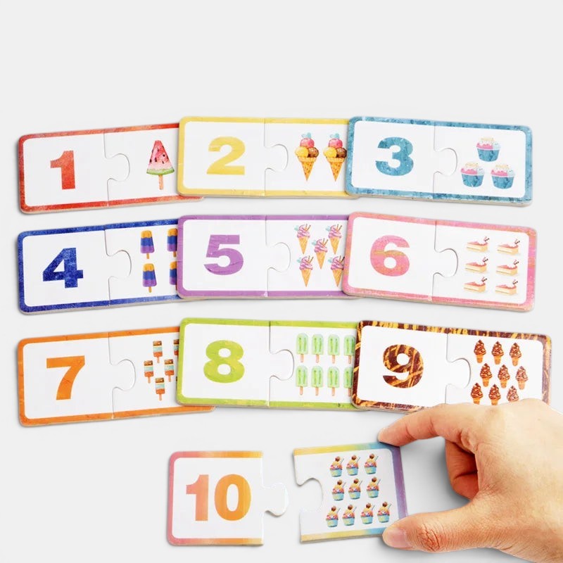 Petit Éveil Montessori : Puzzle en bois éducatif avec chiffres 1 à 10 et illustrations de desserts.