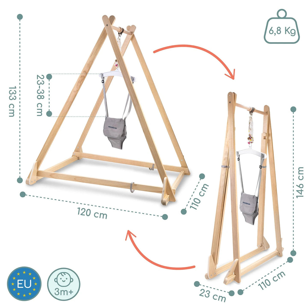 Sautoir pour bébé en bois Petit Éveil Montessori avec siège réglable et structure pliable pour le développement moteur