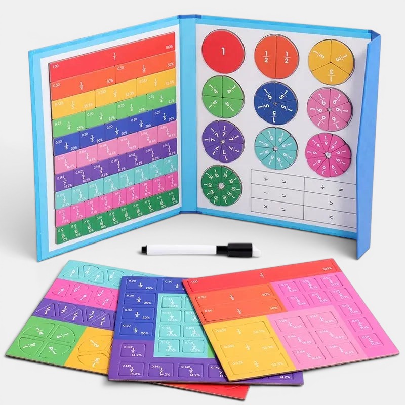 Livre éducatif magnétique Petit Éveil Montessori avec tangram en bois pour apprendre les fractions et les formes.