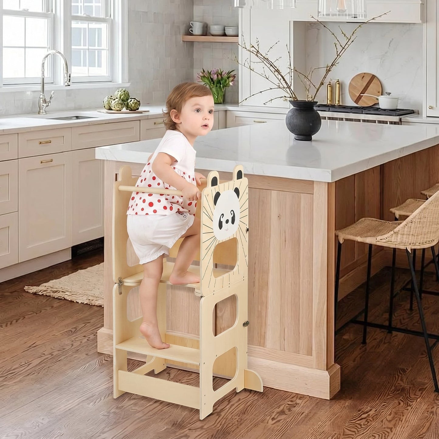 Tour d'apprentissage Montessori 3 en 1 en bois clair avec un enfant, design panda, par Petit Éveil Montessori
