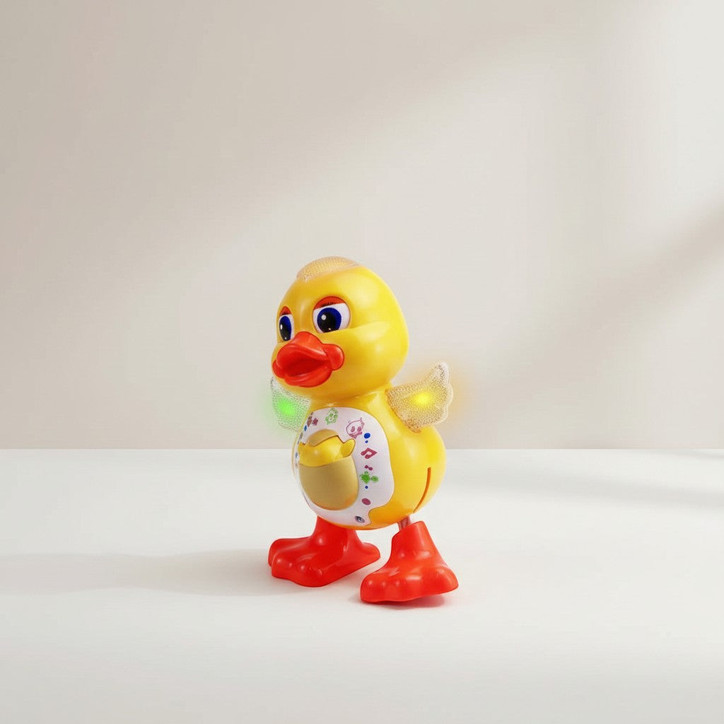 Petit Éveil Montessori : canard dansant jaune avec lumières et musique, jouet interactif pour bébé.