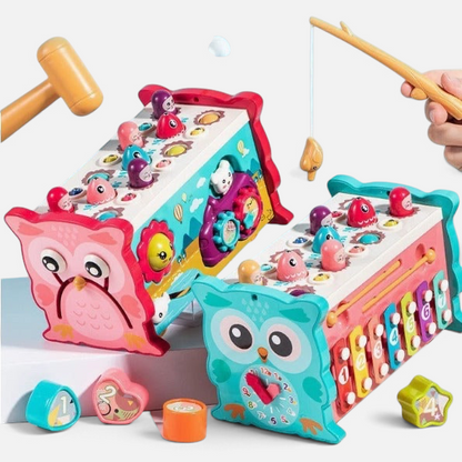 Jouet Montessori Petit Éveil Montessori en forme de hibou avec jeu de pêche, marteau et xylophone coloré