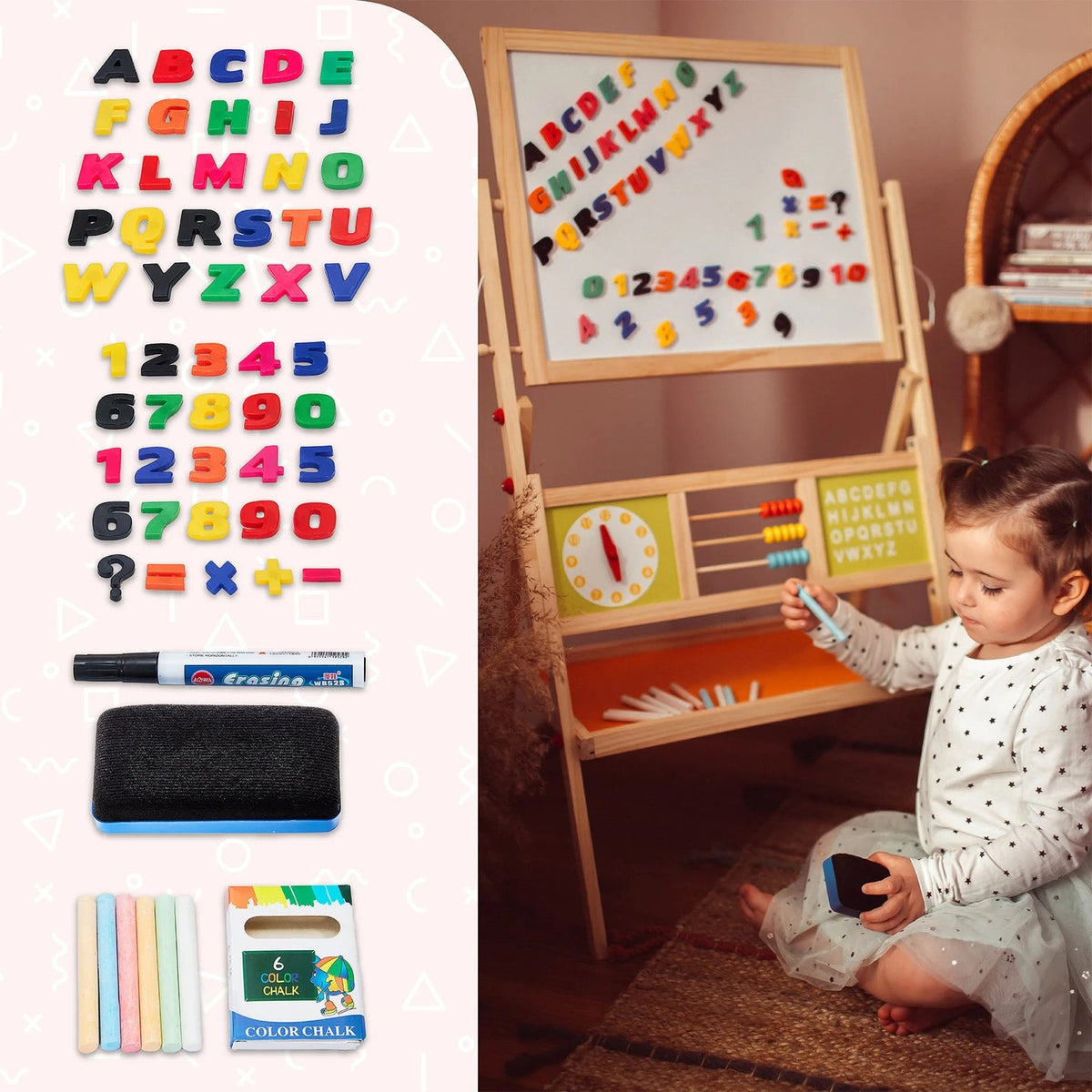 Tableau Montessori 2-en-1 – Magnétique, Ardoise, Boulier & Horloge