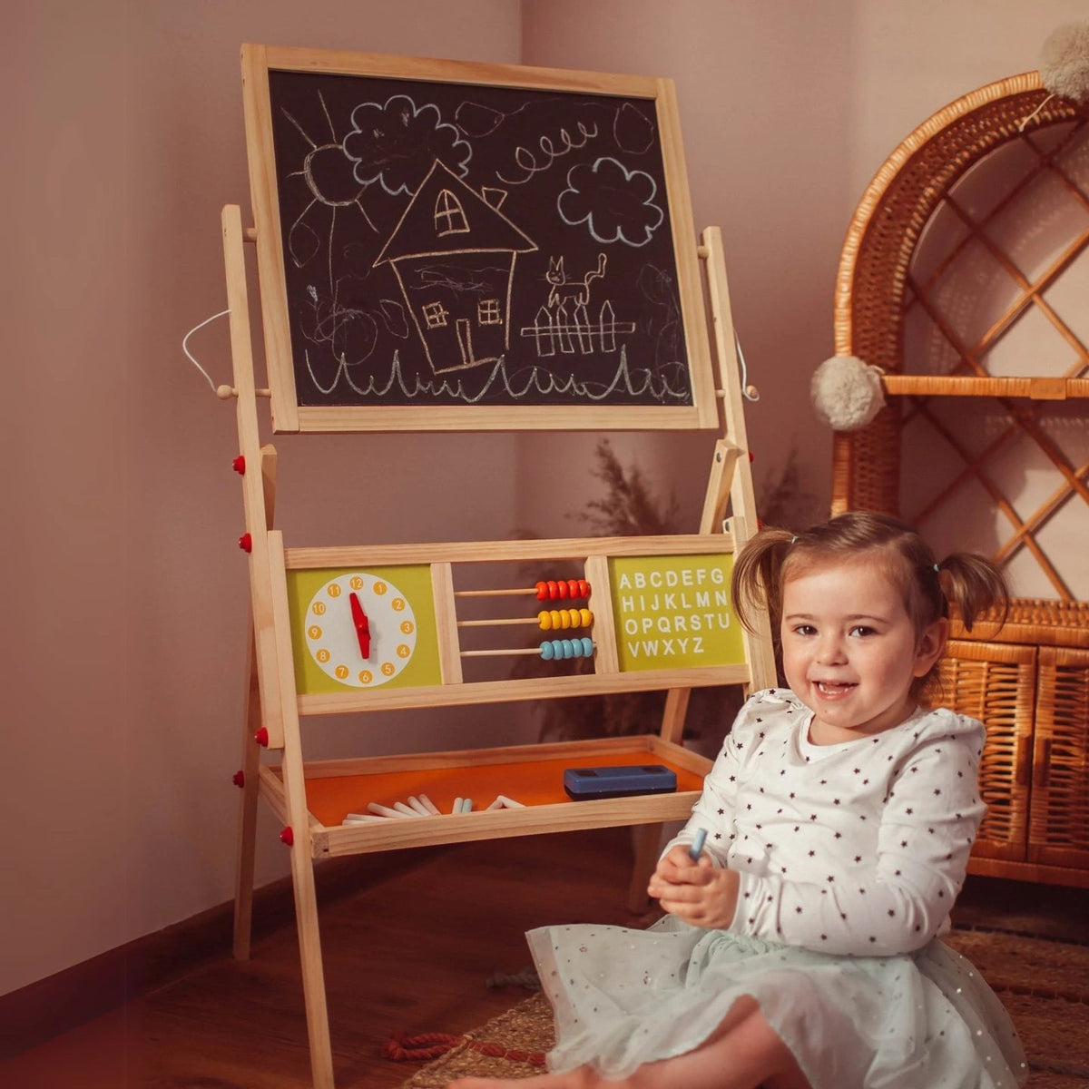 Tableau Montessori 2-en-1 – Magnétique, Ardoise, Boulier & Horloge