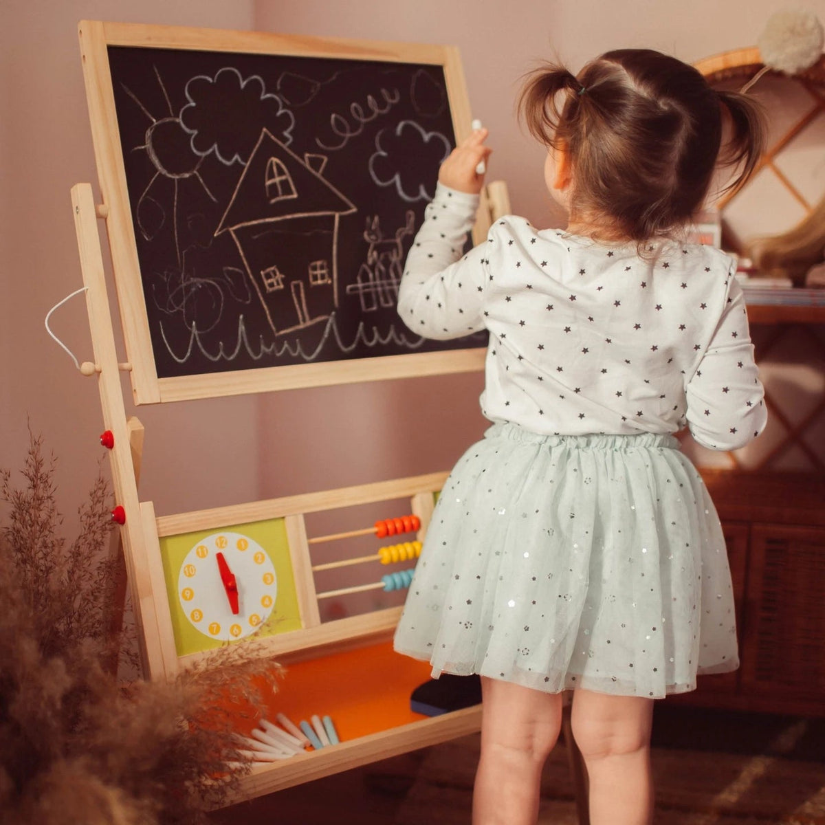 Tableau Montessori 2-en-1 – Magnétique, Ardoise, Boulier & Horloge