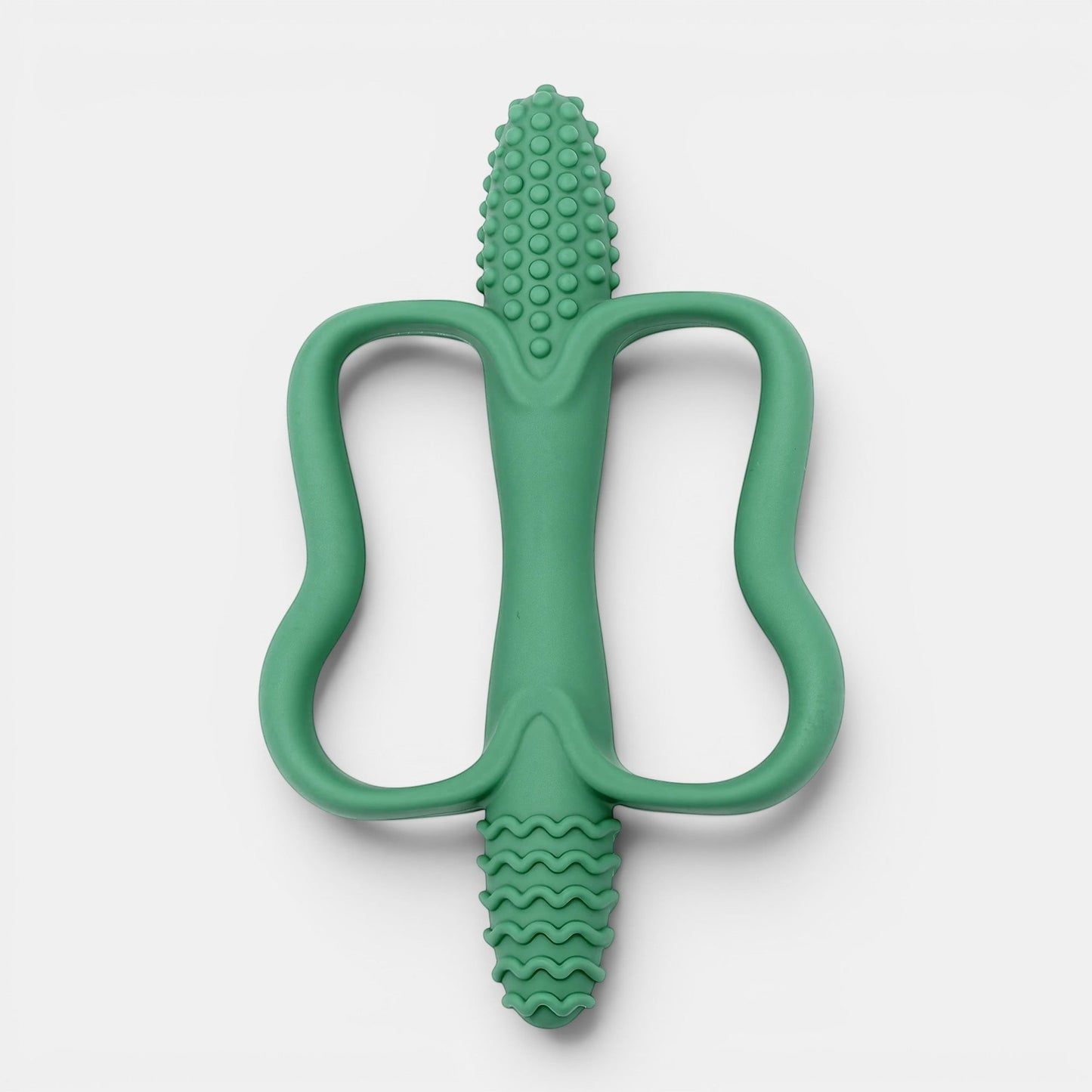 Jouet de dentition Montessori vert en silicone, forme ergonomique pour bébé, texturé pour soulager les gencives.