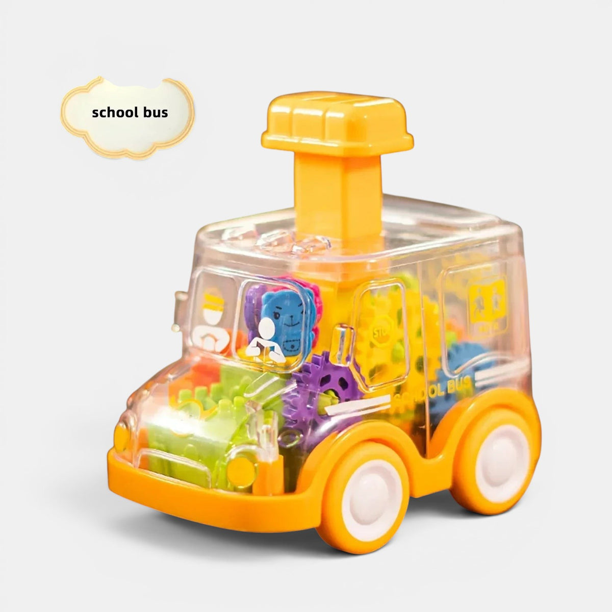 Petit Éveil Montessori, bus scolaire transparent avec engrenages colorés et personnages, jouet éducatif pour enfants.