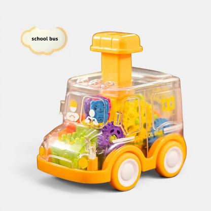 Petit Éveil Montessori, bus scolaire transparent avec engrenages colorés et personnages, jouet éducatif pour enfants.