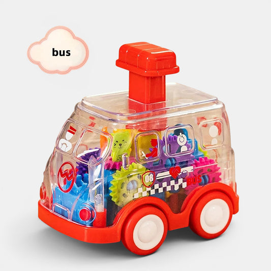 Petit Éveil Montessori, bus transparent avec engrenages colorés et personnages, jouet éducatif pour enfants.