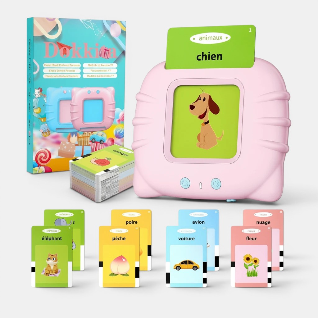 Petit Éveil Montessori : appareil rose avec cartes éducatives parlantes pour enfants, illustrant des animaux, fruits et véhicules.
