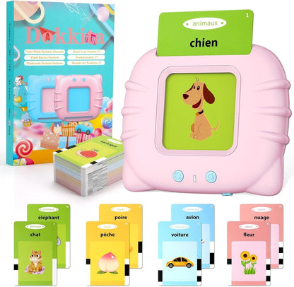 Petit Éveil Montessori : appareil rose interactif avec cartes flash parlantes pour l'apprentissage des mots (animaux, fruits, véhicules, nature).