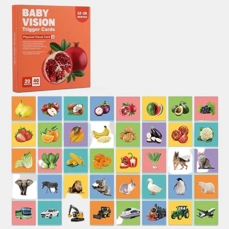 Petit Éveil Montessori : cartes de stimulation visuelle noir et blanc pour bébés, fruits, légumes, animaux et véhicules.