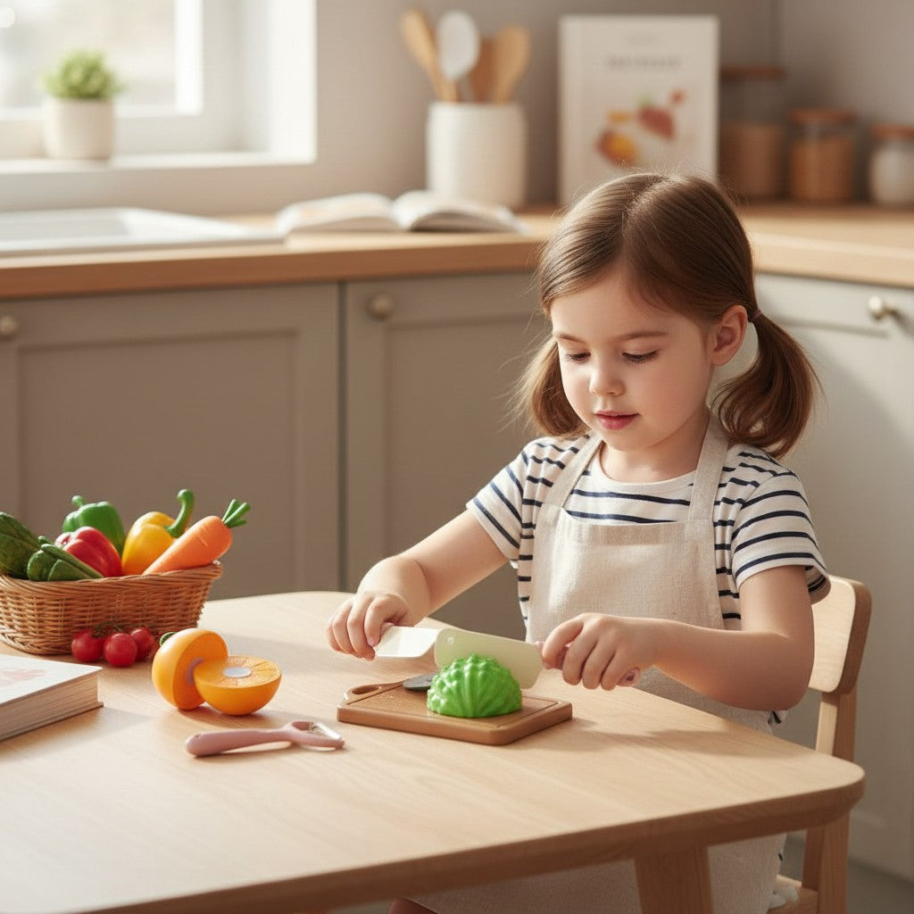 Petit Éveil Montessori, ensemble de 7 pièces de jouets de cuisine pour enfants, fruits et légumes coupés, couteaux, planche à découper, éplucheur rose.