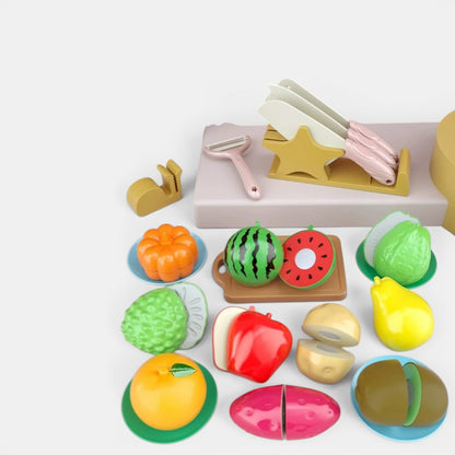 Petit Éveil Montessori : ensemble de 7 pièces de fruits et légumes en plastique à découper, jeu de simulation pour enfants.