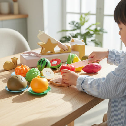 Petit Éveil Montessori, ensemble de 7 pièces de fruits et légumes en plastique à découper, jeu de simulation pour enfants.