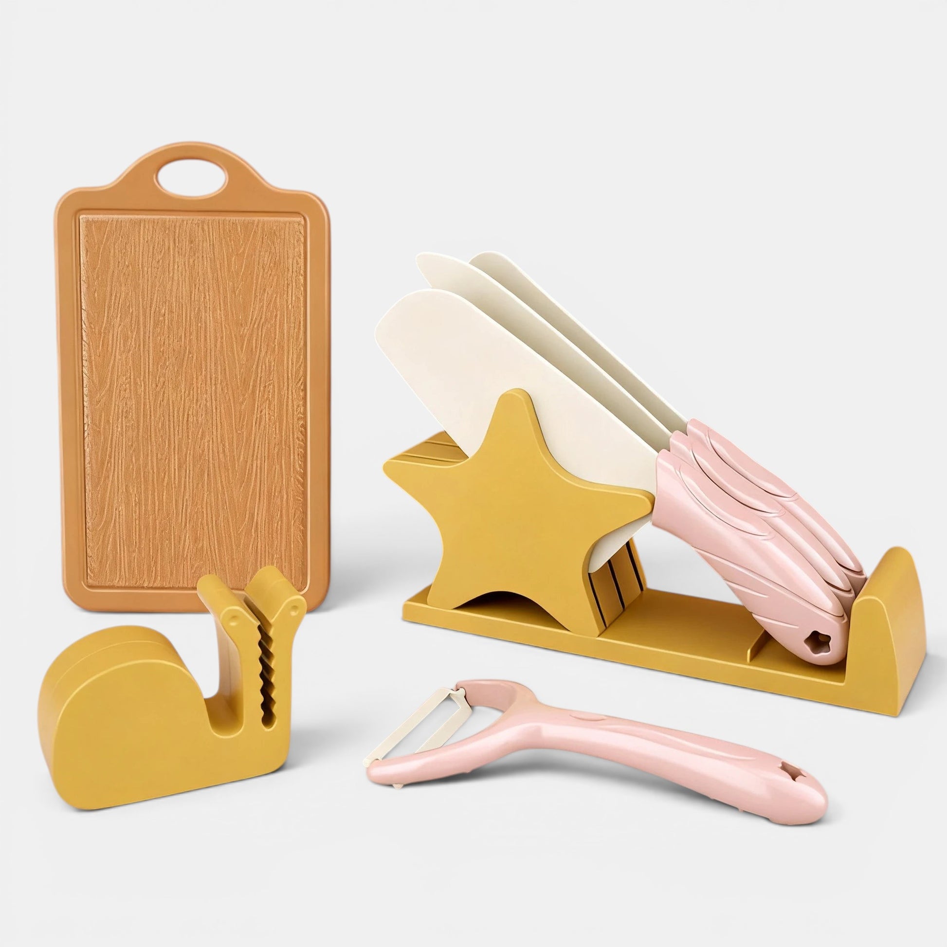 Petit Éveil Montessori : ensemble de cuisine pour enfants 7 pièces, jouet de simulation avec planche à découper, couteaux et éplucheur.