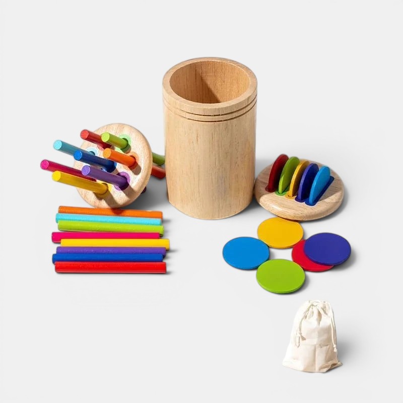 Petit Éveil Montessori, jeu de tri des couleurs en bois avec bâtonnets et disques multicolores pour développer la motricité fine.