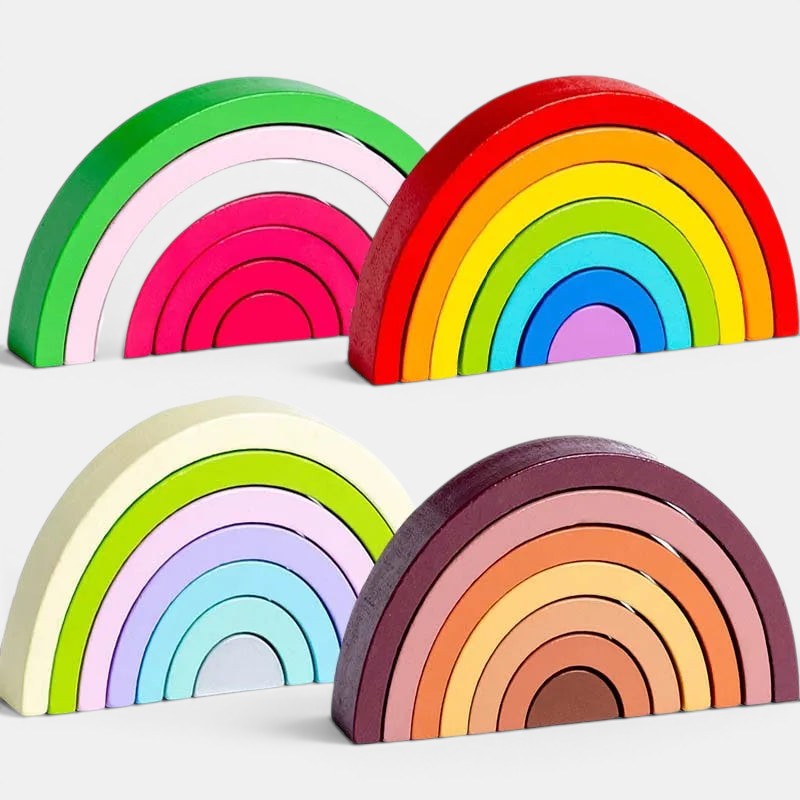 Petit Éveil Montessori, arc-en-ciel en bois empilable, jouet éducatif pour enfants, couleurs vives et pastels.
