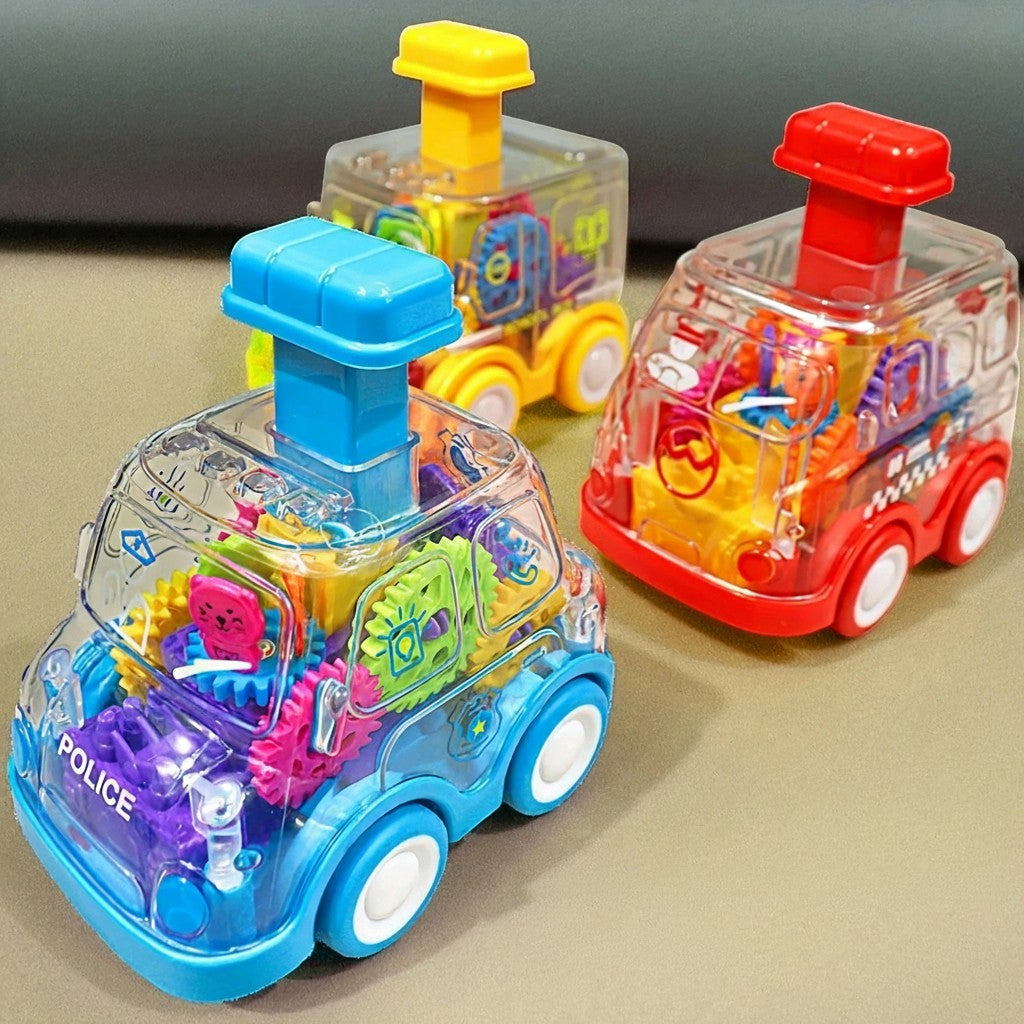 Petit Éveil Montessori : jouet voiture transparente avec engrenages colorés visibles, idéal pour l'éveil et la motricité.