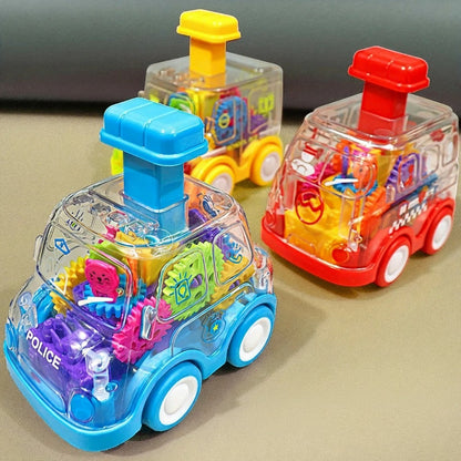 Petit Éveil Montessori : jouet voiture transparente avec engrenages colorés visibles, idéal pour l'éveil et la motricité.
