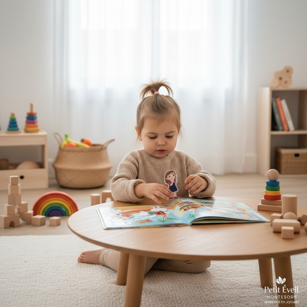 Petit Éveil Montessori : Instructions pour livre autocollant, 3 étapes : trouver, déchirer, coller. Illustrations colorées d'enfants et de scènes.
