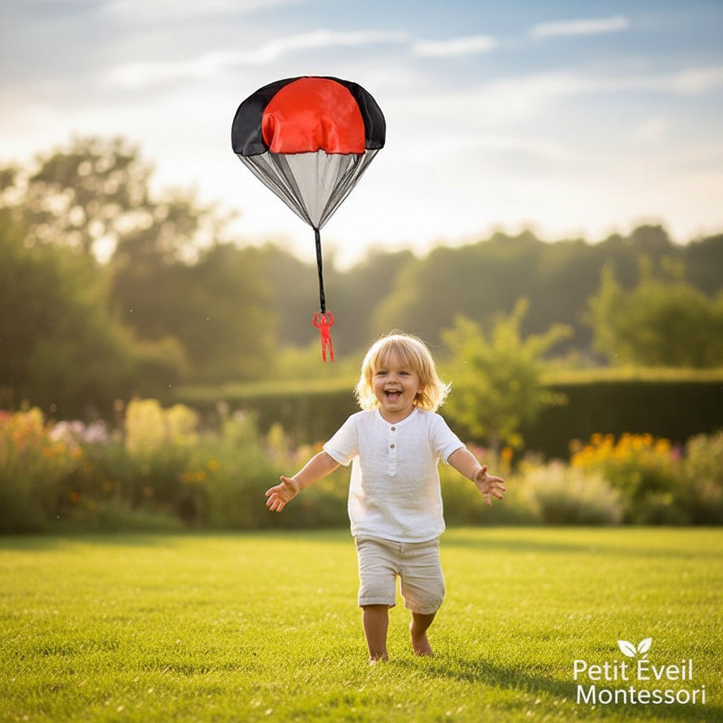 Petit Éveil Montessori parachute de jeu rouge et noir avec figurines, jouet d'extérieur pour enfants, développement moteur