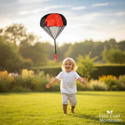 Petit Éveil Montessori parachute de jeu rouge et noir avec figurines, jouet d'extérieur pour enfants, développement moteur