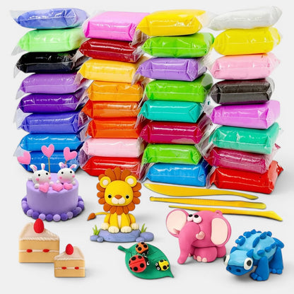 Petit Éveil Montessori : lot de pâtes à modeler colorées pour enfants, avec accessoires et créations (lion, éléphant, gâteaux)