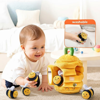 Petit Éveil Montessori : Ruche douce avec 4 abeilles en peluche pour bébé, jouet d'éveil sensoriel lavable.