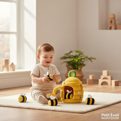 Petit Éveil Montessori, ruche douce jaune avec 3 abeilles en peluche, jouet d'éveil pour bébé