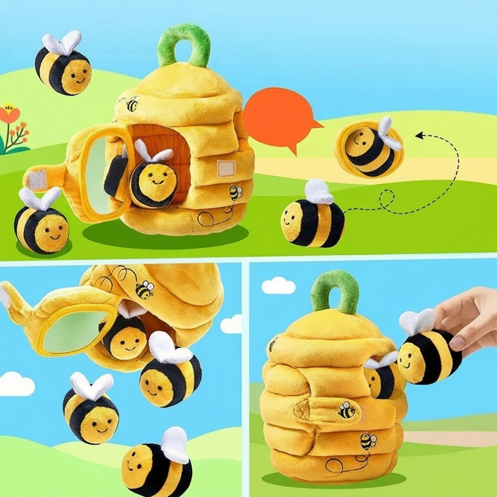 Petit Éveil Montessori, ruche douce jaune avec 3 abeilles en peluche, jouet d'éveil sensoriel pour bébé.