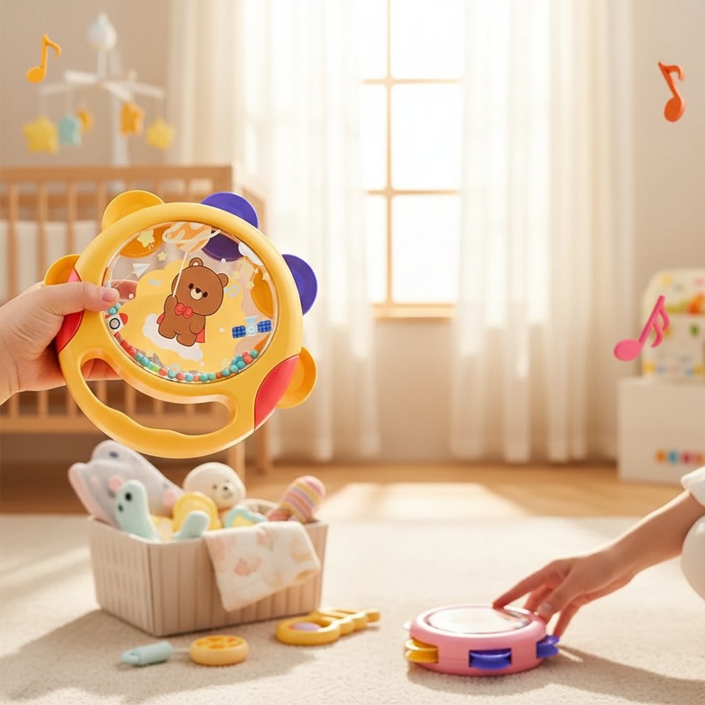 Petit Éveil Montessori : tambourins colorés avec motifs d'oursons, fusées et planètes, jouets musicaux pour enfants.
