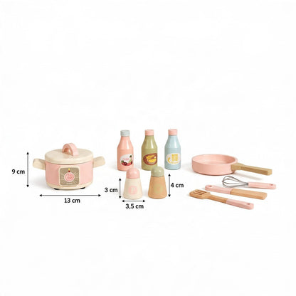 Accessoires de cuisine en bois Petit Éveil Montessori incluant marmite, poêle, ustensiles et condiments pastel