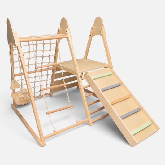 Aire de jeux Petit Éveil Montessori 5 en 1 en bois avec toboggan, filet d'escalade et balançoire pour enfants