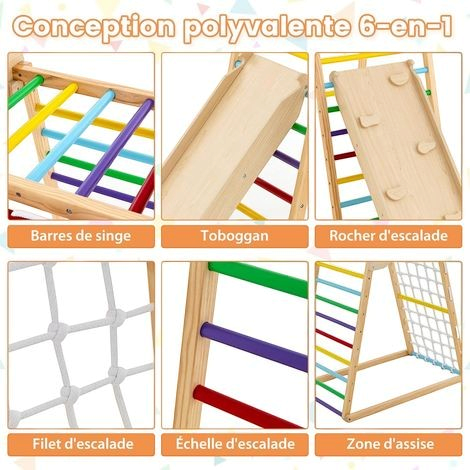 Aire de jeux Montessori 6-en-1 Petit Éveil Montessori en bois avec toboggan, filet, échelle et barres colorées