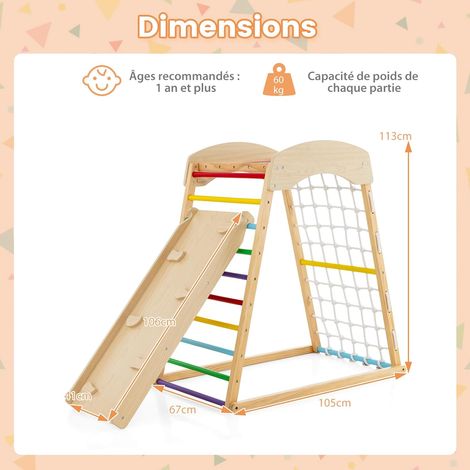Schéma des dimensions de l'aire de jeux Montessori 6-en-1 en bois Petit Éveil Montessori avec toboggan et escalade